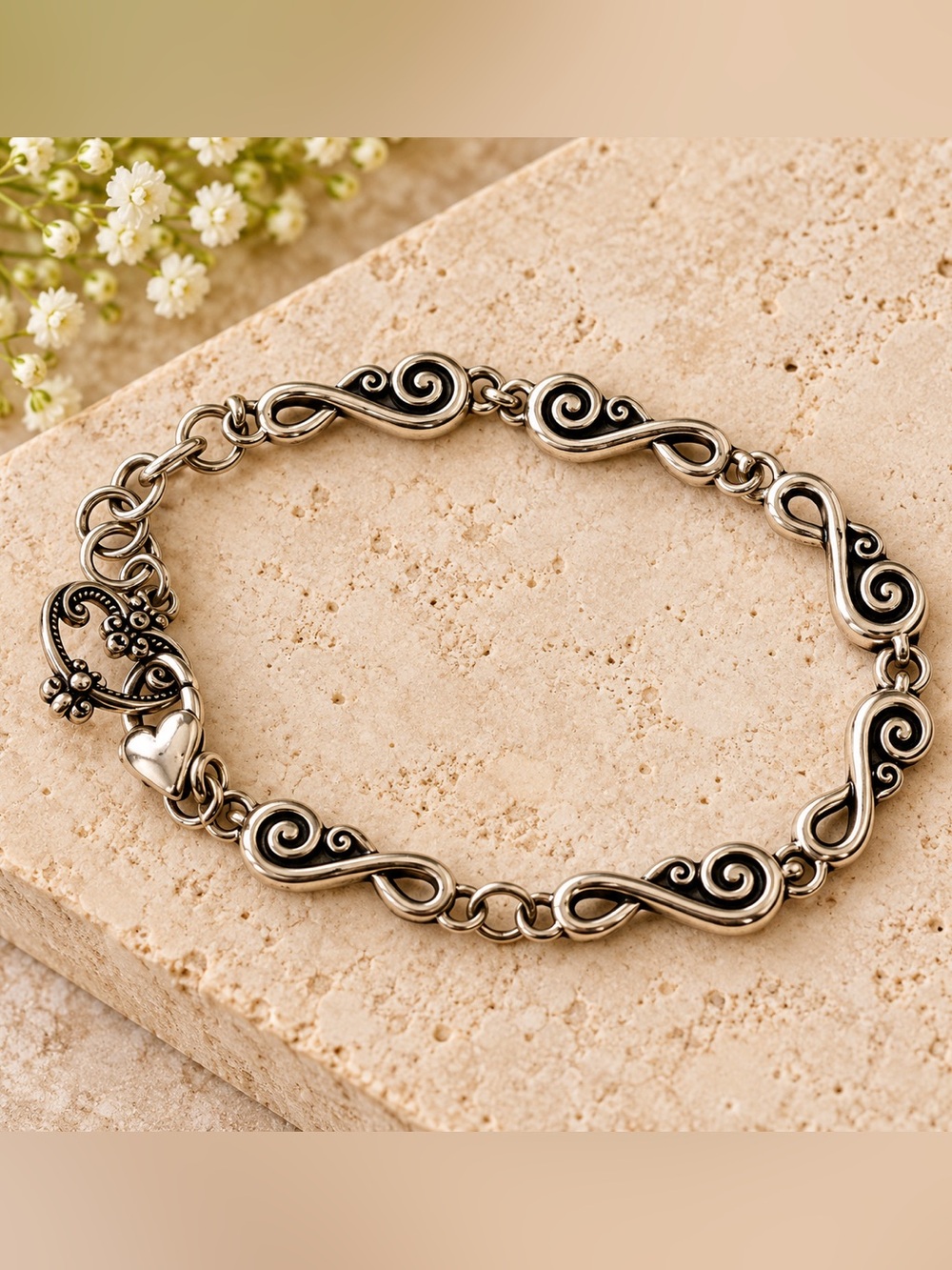Brighton Vintage Silver Ornate Scroll Swirl Link Heart Toggle Bracelet OS
